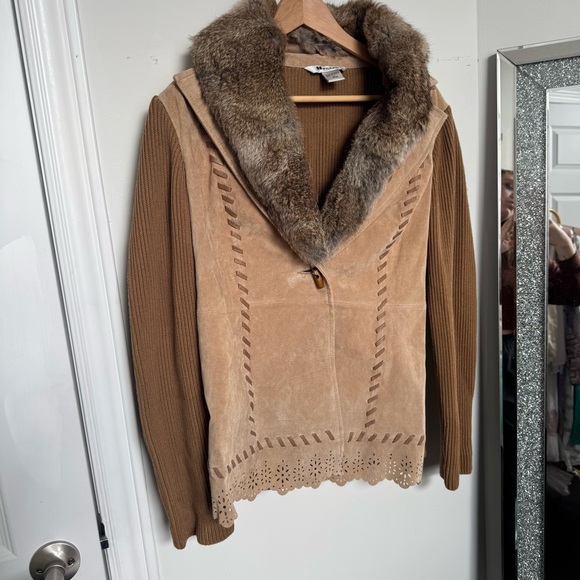 Vintage Brown Suede Jacket with Rabbit Fur Collar western prairie L - Picture 5 of 8